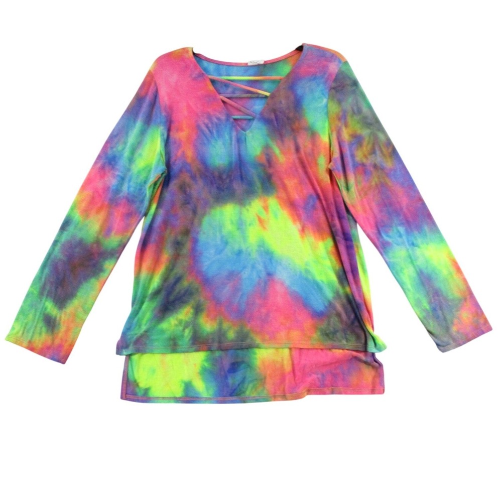 CY Fashion Women Tie Dye Long Sleeve Crisscross V-Neck High Low Top Medium